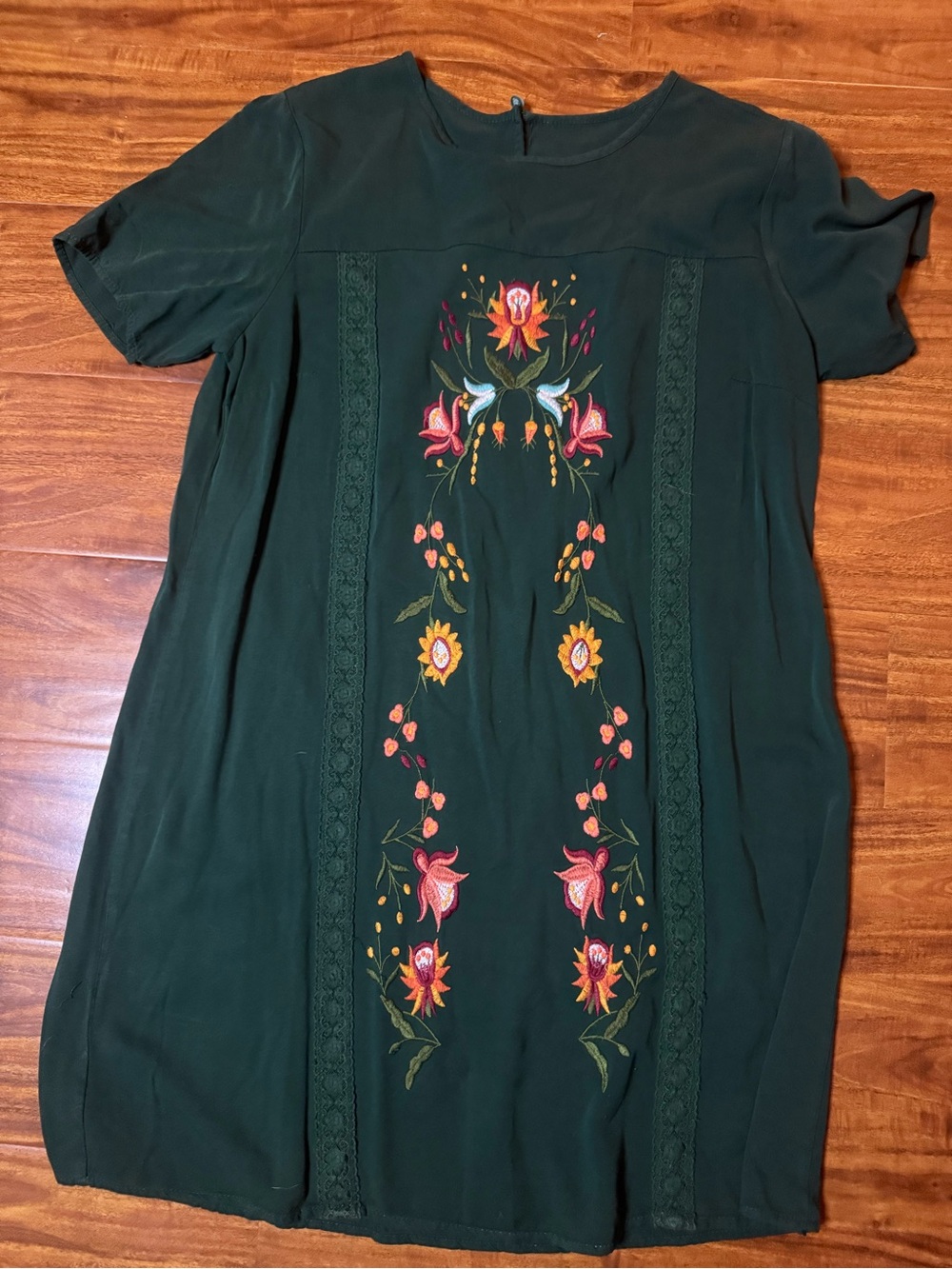 Umgee Dark Green Mini Dress with Multicolor Floral Embroidery